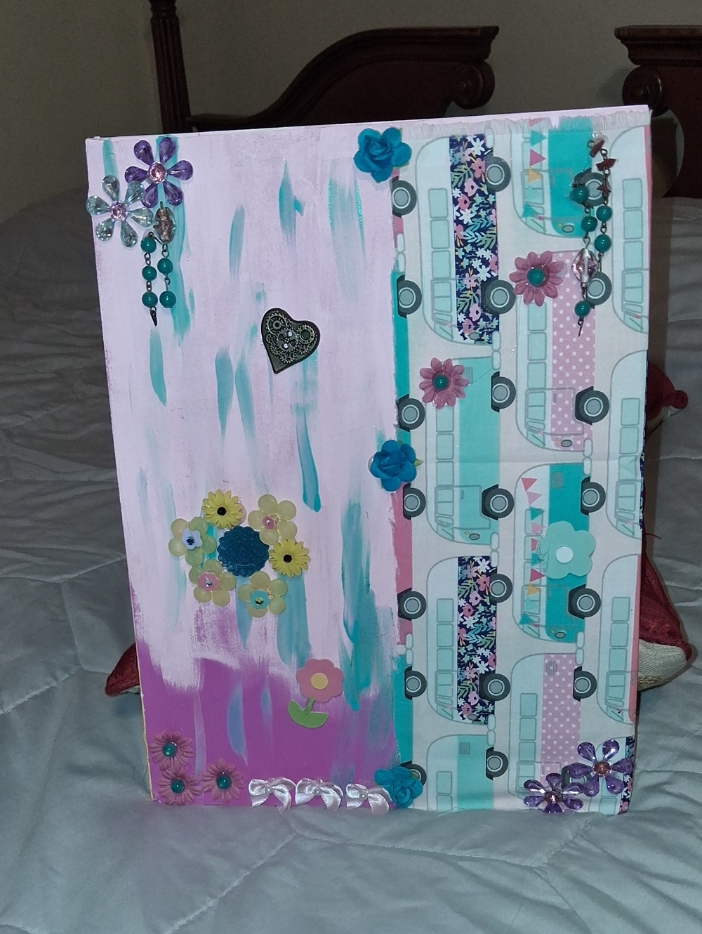 Handmade Pink & Teal Floral Camper Canvas - Home Art
